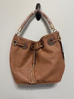 NWT JustFab Tan Pebble-Texture Hobo with Tassel Drawstring